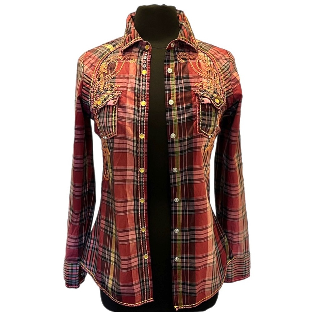 ROAR Torino Rhinestone Embellished Embroidered Pearl Snap Western Shirt SIZE M